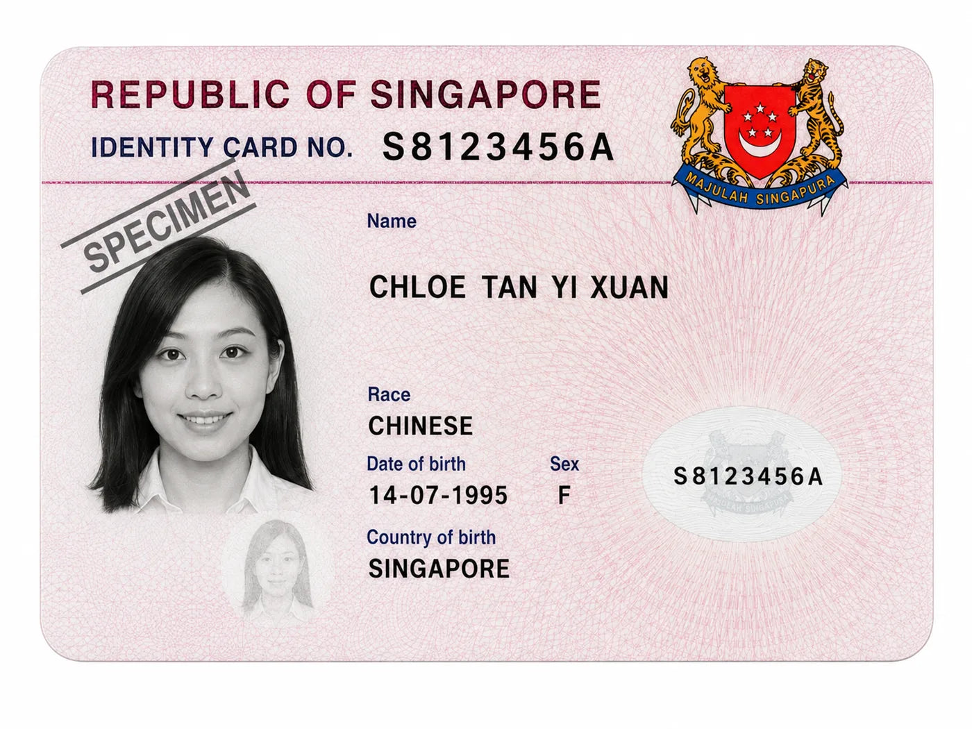 Sample showing the front of a Singapore NRIC