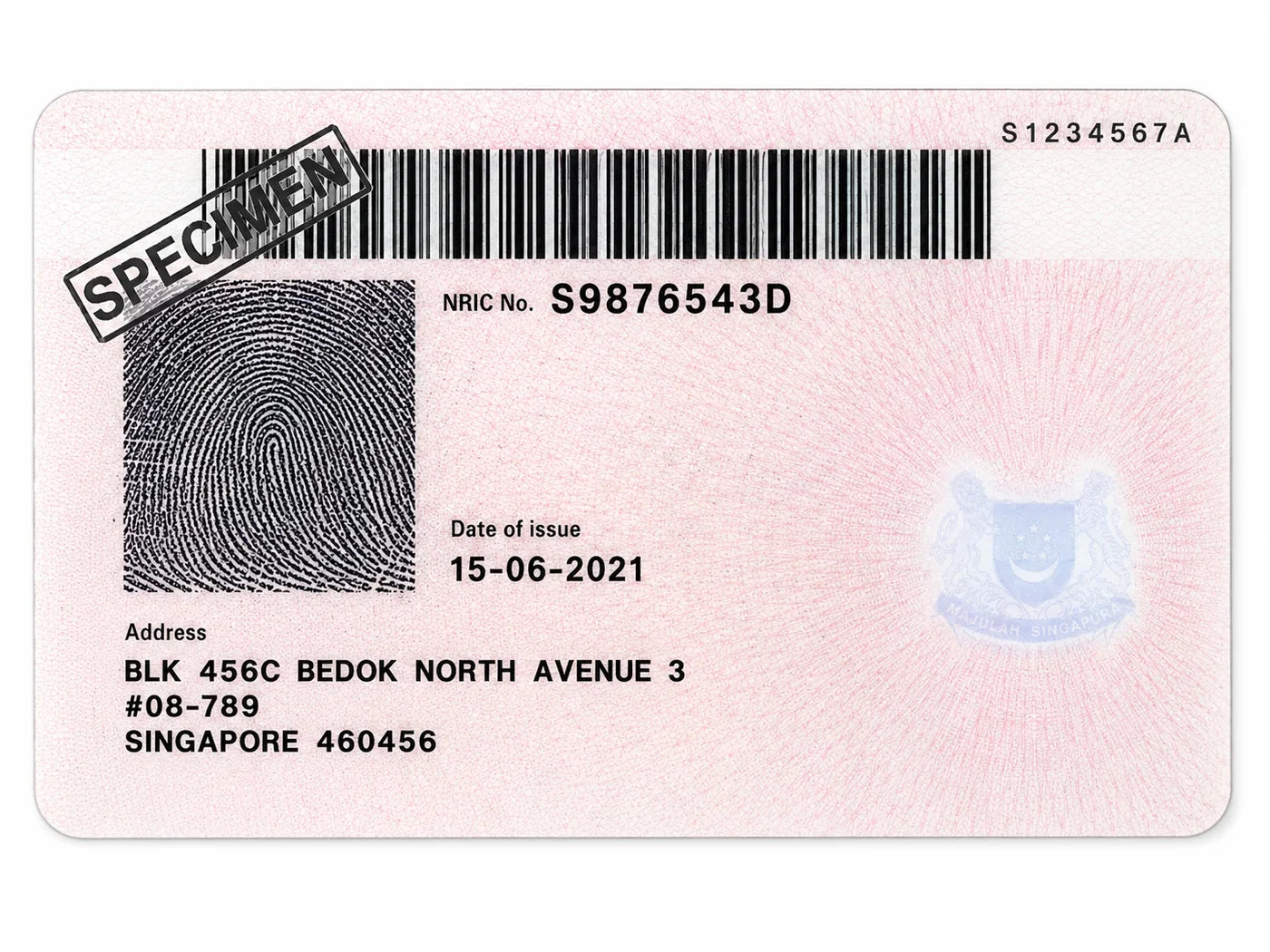 Sample showing the back of a Singapore NRIC