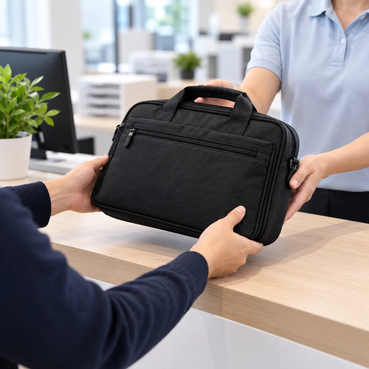 Rental laptop bag being collected from a customer