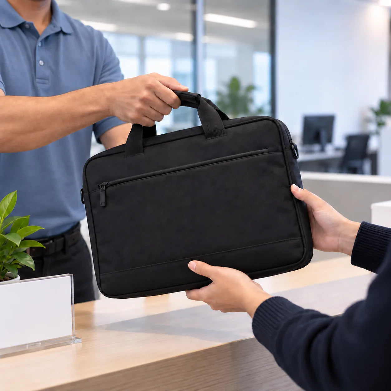 Rental laptop bag being delivered to a customer